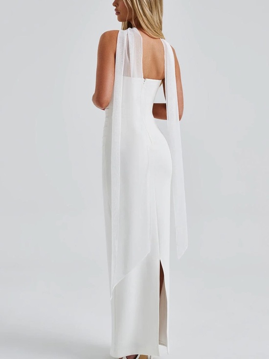 Babyboo Fashion Dresses & Skirts - White Sleeveless Maxi Dress with Draped Shoulder Scarves